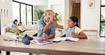 Homework, high five and dad with child with math lesson for studying, learning and help with activity. Family, home and father with happy girl for correct answer, calculator and book for education