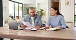 Happy, couple and documents with calculator for financial planning, budget or expenses in home. Man, woman or calculation with laptop or paperwork for finance audit, investment or report in house