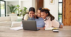 Girl, children and surprise with mom for remote work from home, hug and excited with laptop in lounge. Mother, kids and connection with embrace, care and love with freelance career in family house