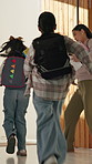 Mother, children and leaving home with rush, phone call and time management fail for morning routine. Woman, school kids running late and chaos in house with tech, contact or delay departure for work