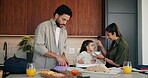 Family, kid and packing lunch in home for morning routine, support and feeding in kitchen. Breakfast, eating or mom and dad with toddler for helping with cereal, getting ready and busy with bag