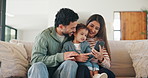 Happy family, toddler or memory with phone in home for social media, interaction or bonding. Mom, dad or child with smile on sofa or mobile smartphone for nostalgia or childhood moment in house