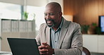 Black man, smile and laptop in office for project planning, media report or email at PR agency. Business person, happy and mature public relations manager with tech for professional communication