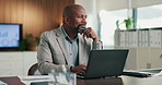 Black man, thinking and laptop in office for project management, report or email at PR agency. Business person, typing and mature public relations manager with tech with reflection or communication