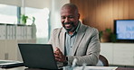 Black man, reading and laptop in office for project management, report or email at PR agency. Business person, typing and mature public relations manager with tech with research and confidence