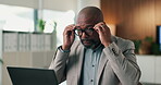 Office, glasses and business man with laptop for bookkeeping, financial report or audit review. Accountant, mature black person and eyewear with tech for payroll, risk management and accounting admin