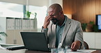 Laptop, glasses and business man with headache for tax season stress, audit deadline or burnout. Accountant, mature black person or eyewear migraine at firm for filing workload, eye strain or tension