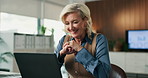 Woman, accountant and reading with laptop for finance report, expenses or audit in office. Mature, happy business person or accounting with tech and smile for financial planning, budget or revenue