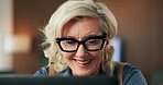 Laptop, glasses and businesswoman in office with research for finance report with stock market. Happy, professional and mature financial manager with computer for investment proposal in workplace.
