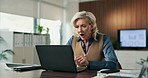 Shock, woman or stress on laptop in business for phishing email, security breach or banking fraud. Accountant, mature person or worry with tech in office for missing audit report, job risk and crisis
