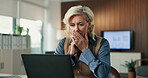 Surprised, woman and stress on laptop in office for tax portal breach, audit report loss or crisis. Accountant, mature person and worry with tech at firm for phishing email, job risk or finance fraud