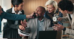 Multi tasking, documents and businessman in office with chaos for finance project with stress. Heavy workload, phone call and mature male financial manager with colleagues for investment proposal.