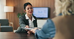 Business women, document and proposal in consultation for welcome, insurance planning and advice. Financial advisor, people and meeting in office for compliance, paperwork or asset management
