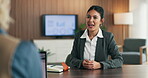 Office, meeting and happy woman with HR for job interview, recruitment and discussion with candidate. Career, opportunity and person with recruiter for hiring process, conversation and consultation