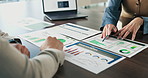 Paperwork, graph and hands of business people in meeting for finance advice, review and investment. Pointing, documents and financial advisor with insight, chart and research for client in office