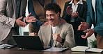 Hands, applause and business man with laptop for success, achievement and congratulations. Good news, celebration and group clapping, praise or well done for accountant promotion or company growth