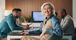 Happy, meeting and face of businesswoman in office with confidence for finance career with growth. Smile, teamwork and portrait of mature female financial manager with pride for company about us.