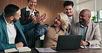 Laptop, clapping and business people with high five in office for success, growth or achievement. Excited, celebration and accountant team with manager praise for investment, goals and good news