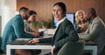 Smile, meeting and face of businesswoman in office with confidence for finance career with growth. Happy, team and portrait of female financial manager with pride for company about us in workplace.