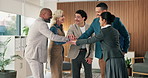 Office, meeting and business people with hand stack for achievement, collaboration or teamwork. Solidarity, professional and employees in circle with cheering for partnership together in workplace.