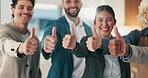 Hands, face and business people with thumbs up in office for goal, achievement or agreement. Success, happiness and corporate group with yes gesture for well done, vote or approval in workplace