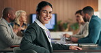 Happy, team and face of businesswoman in office with confidence for finance career with growth. Smile, meeting and portrait of female financial manager with pride for company about us in workplace.