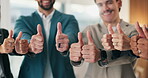 Team, thumbs up and hands of business people in office for approval, agreement and collaboration. Corporate, happy and workers with gesture for good news, thank you and support at financial agency