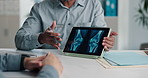 Tablet screen, patient and doctor with bone xray in hospital for treatment plan, healthcare or explaining. Digital technology, consultation and medical worker with person for radiology scan in clinic