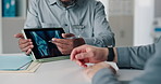 Tablet screen, xray and hands of doctor with person in hospital for treatment plan, healthcare or explaining. Technology, consultation and medical worker with patient for radiology scan in clinic.