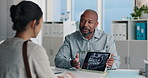 Dentist, woman and tablet screen with xray in office for mouth analysis, tooth structure and implant. Person, talking and doctor with digital scan of wisdom teeth, cavity detection and dental results