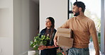 Happy couple, smile and boxes with new home for property purchase, investment or mortgage together. Man, woman or homeowners with love for moving in, buying asset or real estate finance in house