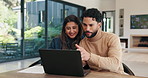 Finance, laptop and discussion with couple in home together for budget review or investment planning. Computer, conversation and chat with happy people in house for financial or wealth management