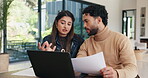 Finance, laptop and document with couple in home together for budget review or investment planning. Paperwork, conversation and tech with people in house for financial loan or wealth management