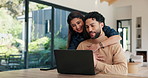 Finance, laptop and hug with couple in home together for budget review or investment planning. Computer, conversation and talking with happy people in apartment for financial or wealth management