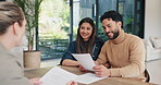 Financial advisor, smile and document with couple in home together for budget review or investment planning. Paperwork, conversation and deal with people in house for finance or wealth management