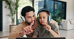 kid, father and laptop in home for counting, numbers and math with online learning. Teaching, headphones and family or man helping child with homework, homeschool and remote education for development