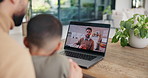 Child, parent and teacher on computer screen for home education or online learning advice. Video call, family and remote support from educator with man and kid for communication, chat or connection