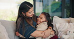 Love, mother or child on sofa with hug, childcare or healthy relationship on weekend break. Smile, security or family in home with embrace, bonding or parent connection for childhood development.