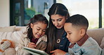 Mother, children and game in living room with tablet, education website or bonding together on weekend. Happy, woman and kids in home with tech, online gaming and siblings learning with mom on couch.