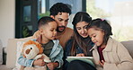 Tablet, children and parents in home for teaching, talking and online learning on sofa. Family, bonding or mom and dad with kids on digital app, scroll and interaction for connection and development