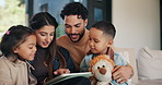 Tablet, kids and parents in home for learning, conversation and online teaching on sofa. Family, bonding or mom and dad with children on digital app, typing and talking for connection or development