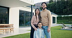 Face, parents and child for new home with outdoor property, investment and mortgage. Family, backyard and homeowner, mother or father with kid excited for house, relocation and real estate dream