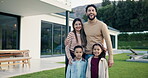 Face, parents and children for new house with outdoor property, investment and mortgage. Family, backyard and homeowner, mom or dad with kids excited for home, relocation and real estate dream