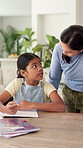Mother, child and help with writing or homework in family home for support, care and education. Homeschool, learning and book with woman and girl talking for growth, development or knowledge in house