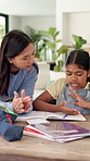 Mother, child and help with clap or homework in family home for support, care and education. Homeschool, learning and book with woman and girl talking for language, development or knowledge in house