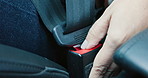 Buckle, seat belt and hands of woman in car for safety with travel, driving or protection of accident. Transport, law and closeup of person with fasten harness for security in vehicle for journey.