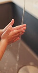 Health, water or child in home with hand washing, bacteria prevention or wellness routine in childcare. Safety, cleaning or kid with stream, germ protection or hygiene habit in childhood development.