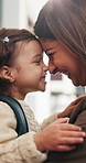 Mother, daughter and nose kiss in home with smile, bonding and getting ready for daycare education. Happy family, woman and girl child in house with morning routine, affection or greeting for creche.