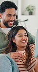 Smile, tablet and couple in home with streaming, bonding and together with social media and humor. Apartment, happy man and woman with tech, laugh and relax with comedy videos, joke and digital app