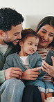 Parents, child and talk in house with phone, play educational game and bonding together on weekend. Happy people, mother and father in family home with daughter, tech and learning with kids app.